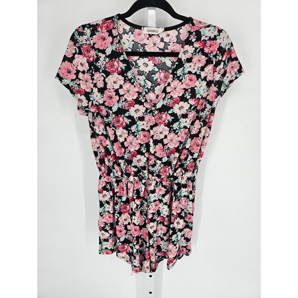 Fashionazzle Women's Multicolored Floral V-Neck Faux-Wrap Romper Size L